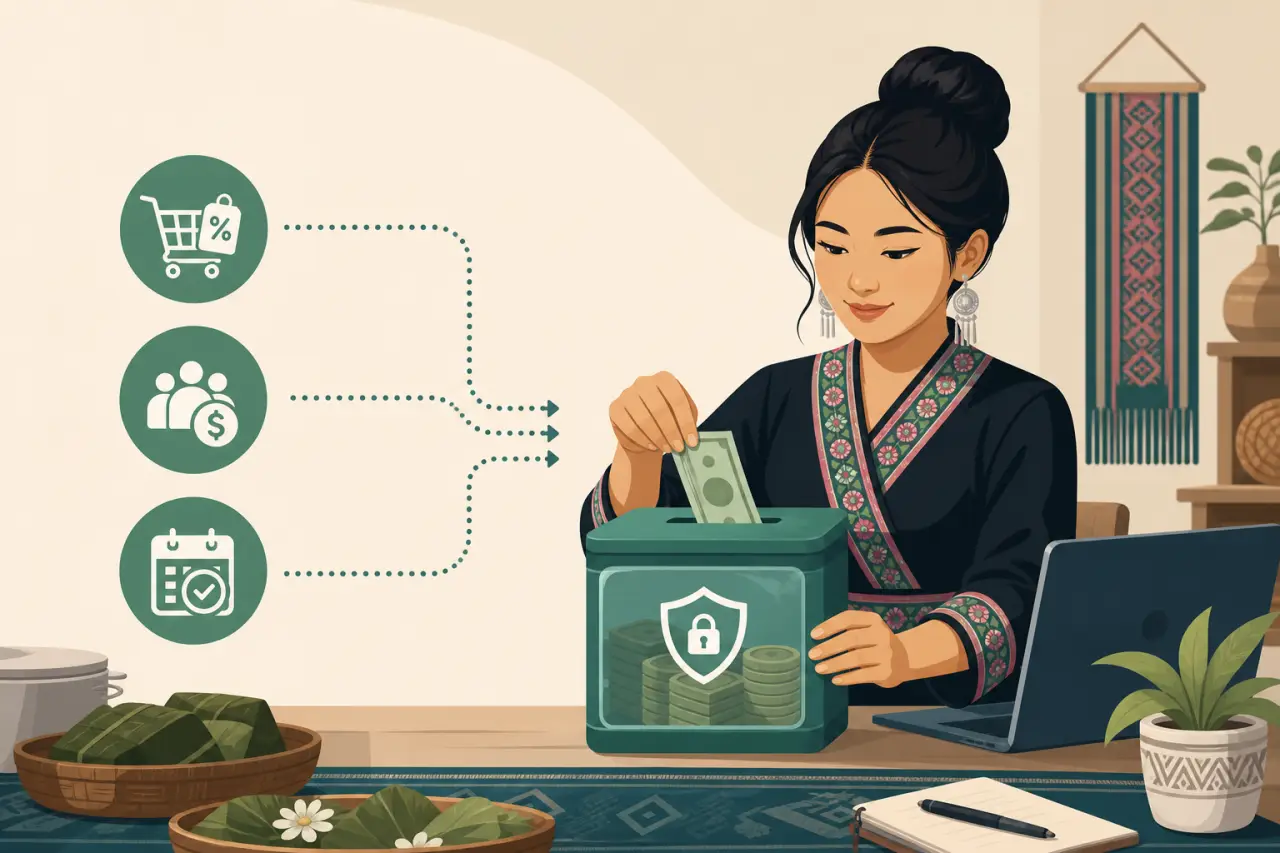 Illustrated woman in traditional embroidered attire deposits cash into a locked savings box beside icons for discounts, referrals, and scheduling, sym