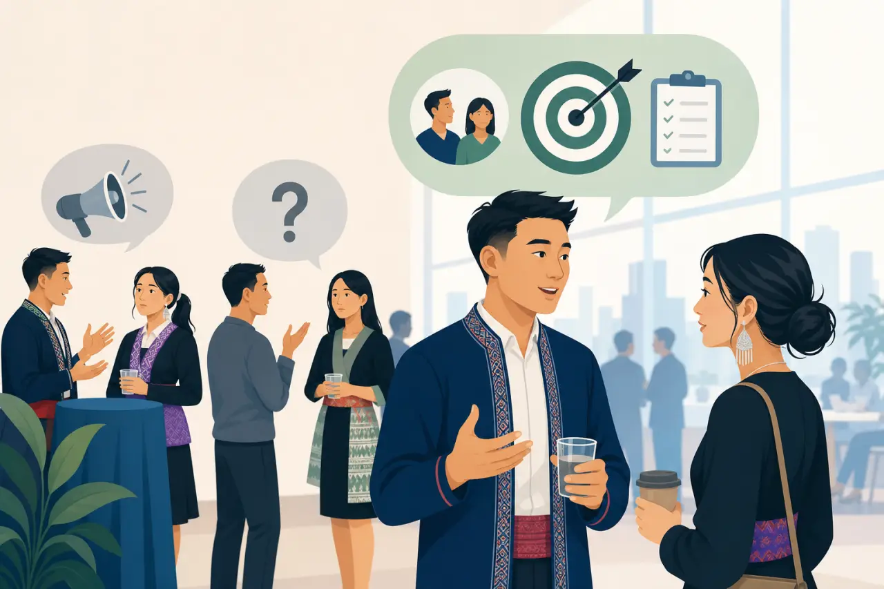 Illustrated networking event showing professionals in traditional attire conversing over drinks, with speech bubbles containing a megaphone, question