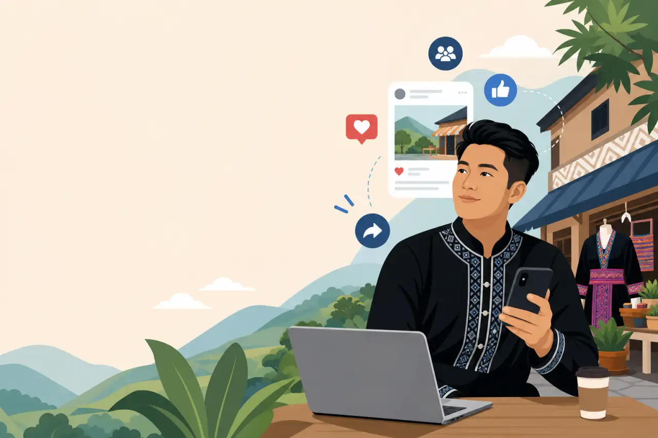 Illustration of a man in traditional embroidered attire using a laptop and phone with social media icons, showcasing cost-effective social media marke