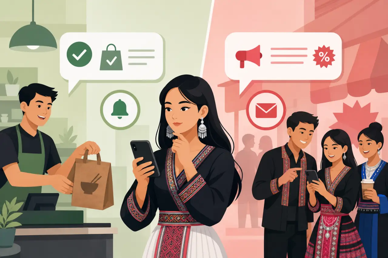 Illustration split into green and red sides comparing helpful order-confirmation notifications with a checkmark and bag icon against promotional disco