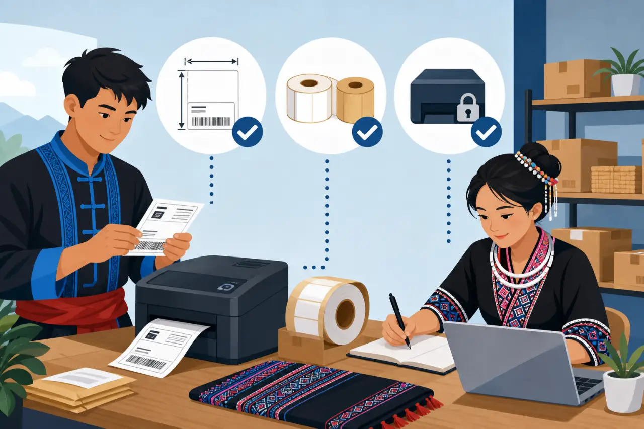 Illustration of a man checking a barcode label beside a thermal label printer small business setup, while a woman in traditional embroidered attire wr