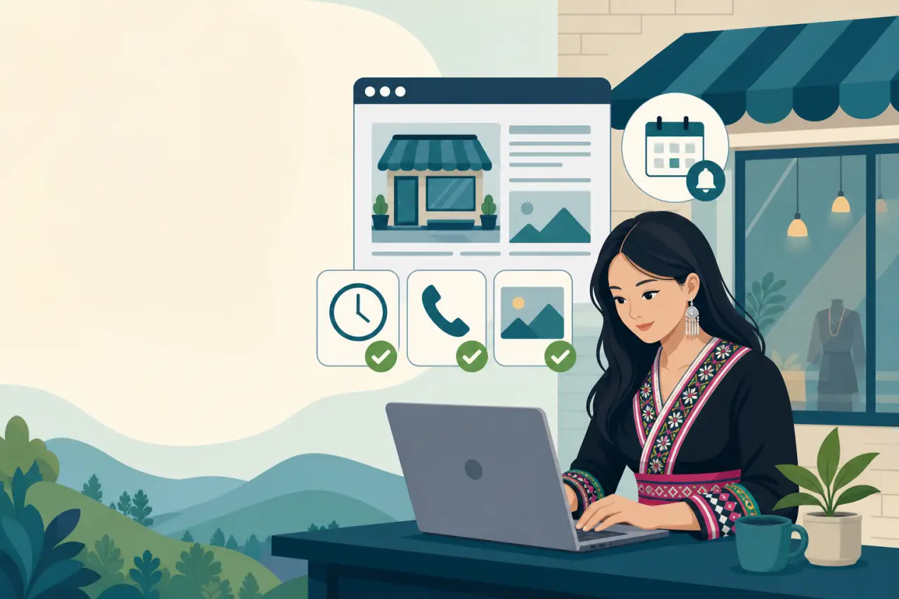 Illustration of a woman in traditional embroidered attire updating a small business website tips checklist on her laptop, with icons for hours, phone,