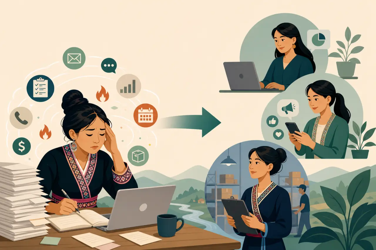 Illustration showing a stressed woman overwhelmed by paperwork and icons transforming into three confident scenes of remote work, social media marketi