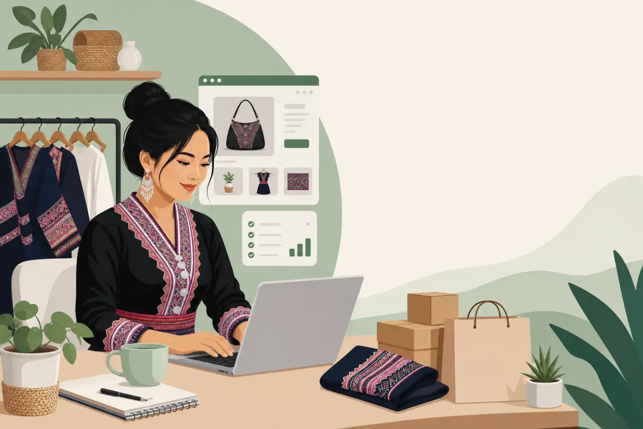 Illustration of a woman in traditional embroidered attire using a laptop at a desk with packaging boxes, folded fabric, and an online store interface,
