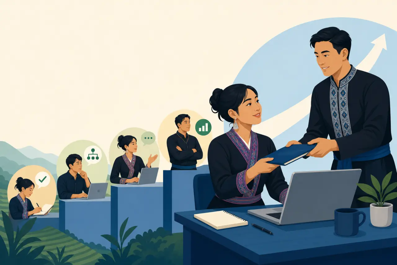 Illustration depicting leadership development for small business through progressive stages of increasing responsibility, showing figures in tradition
