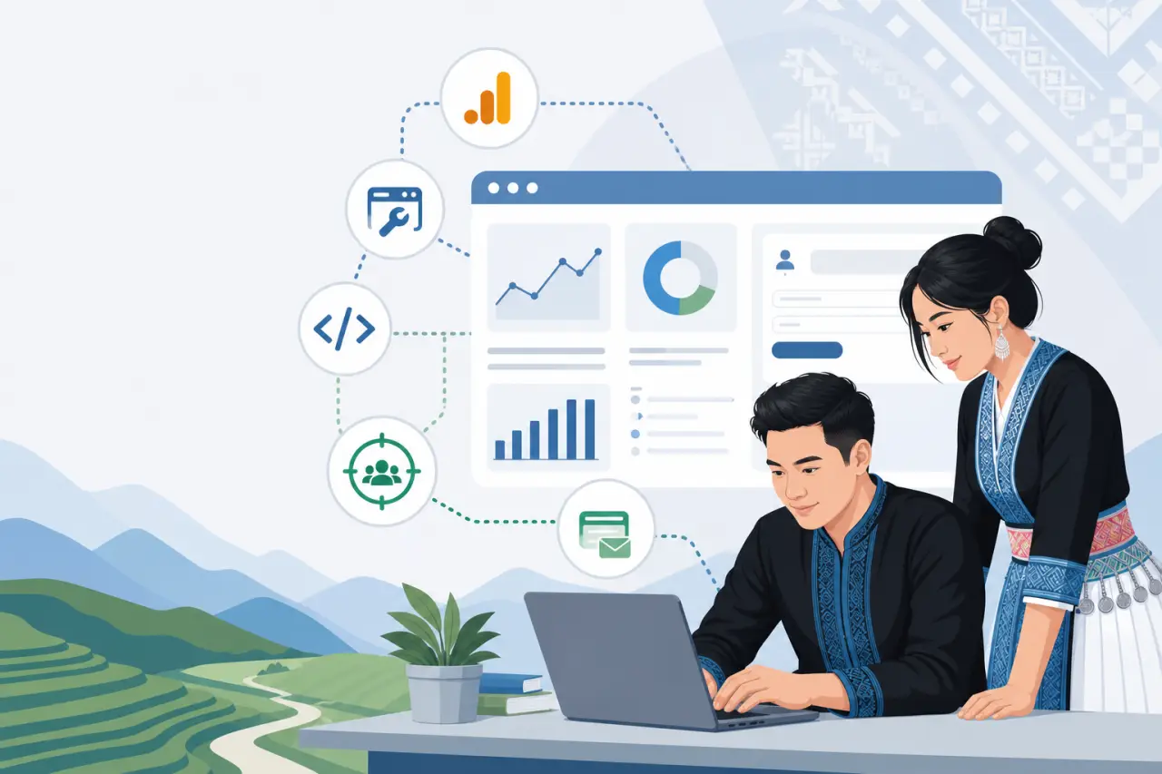 Two people in traditional Hmong embroidered attire review charts and dashboard icons on a laptop, illustrating ecommerce seo Hmong business strategies