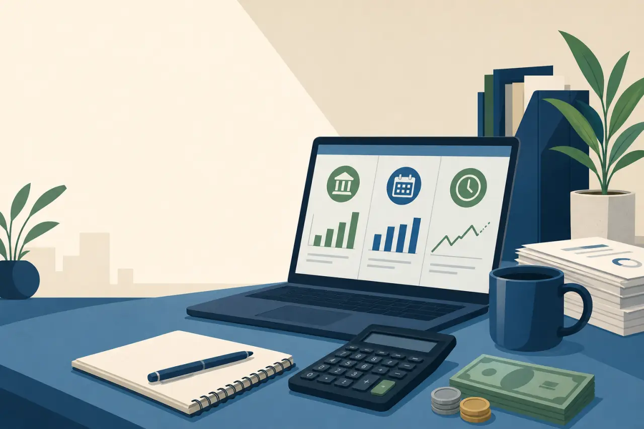 Flat-style illustration of a desk with a laptop displaying financial growth charts, a calculator, notebook, coffee mug, cash, and coins, representing