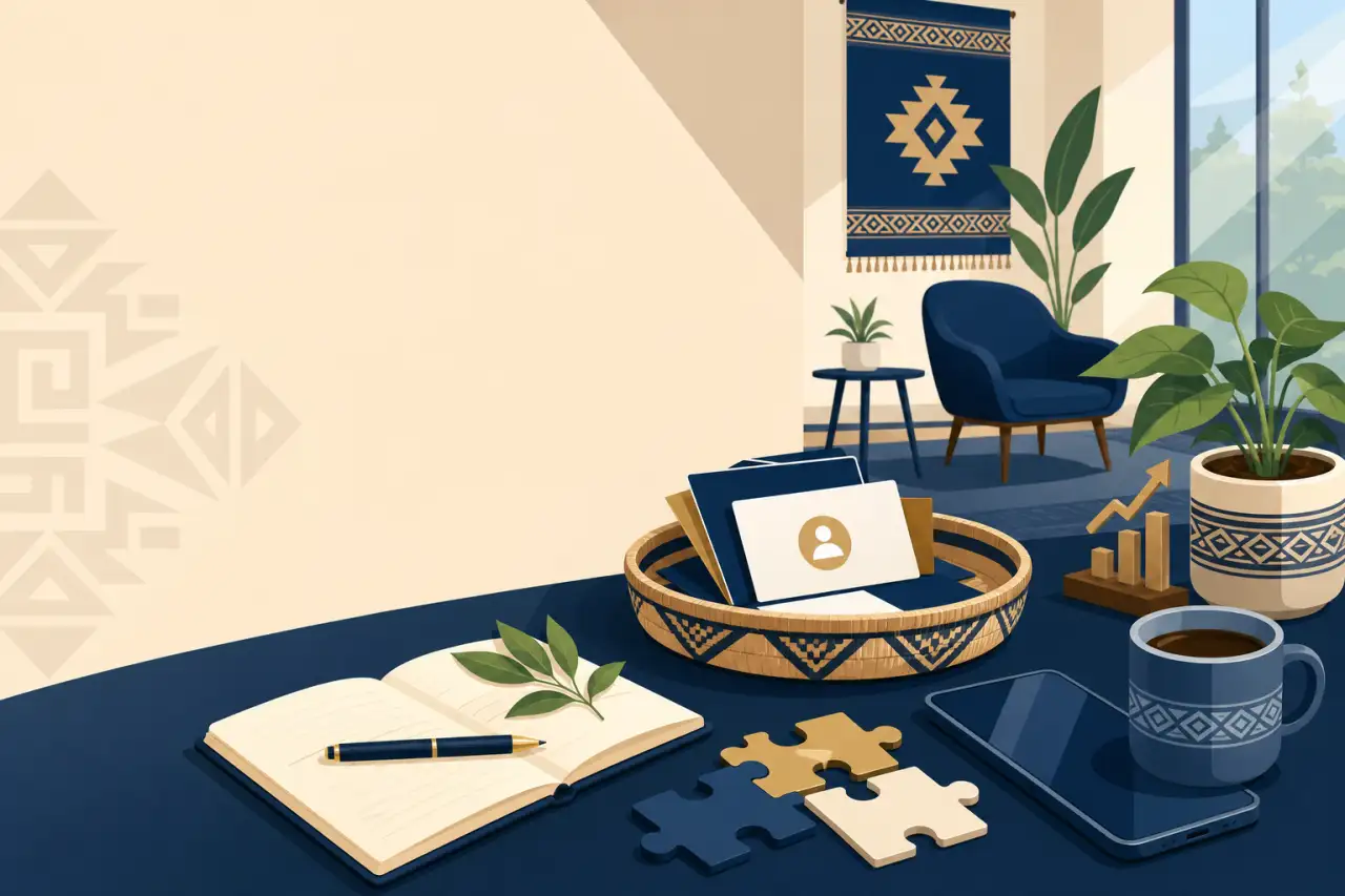 Illustrated navy and cream desk scene with a woven basket of profile cards, puzzle pieces, a smartphone, coffee mug, growth chart icon, and open noteb