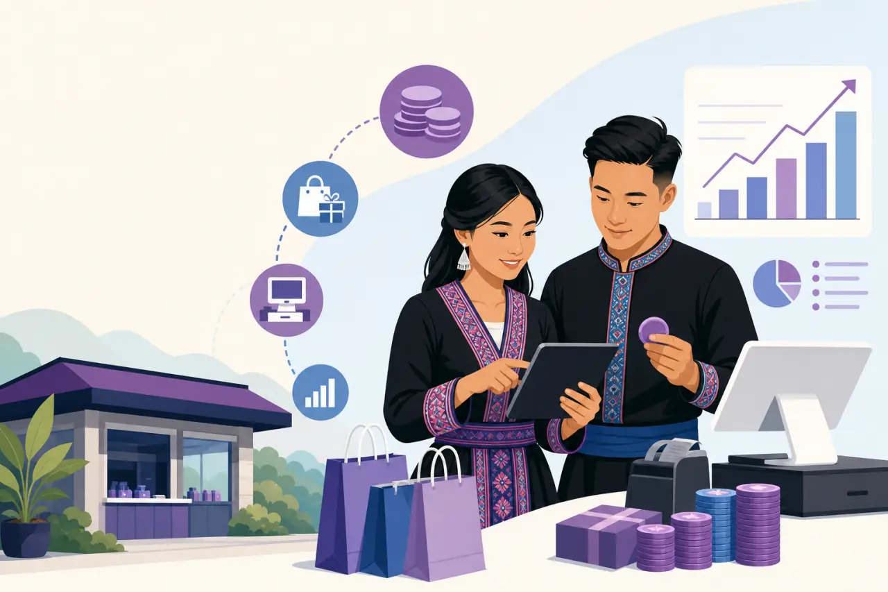 Illustration of a couple in traditional attire reviewing a tablet with sales charts, shopping bags, coins, and a storefront, symbolizing retail growth