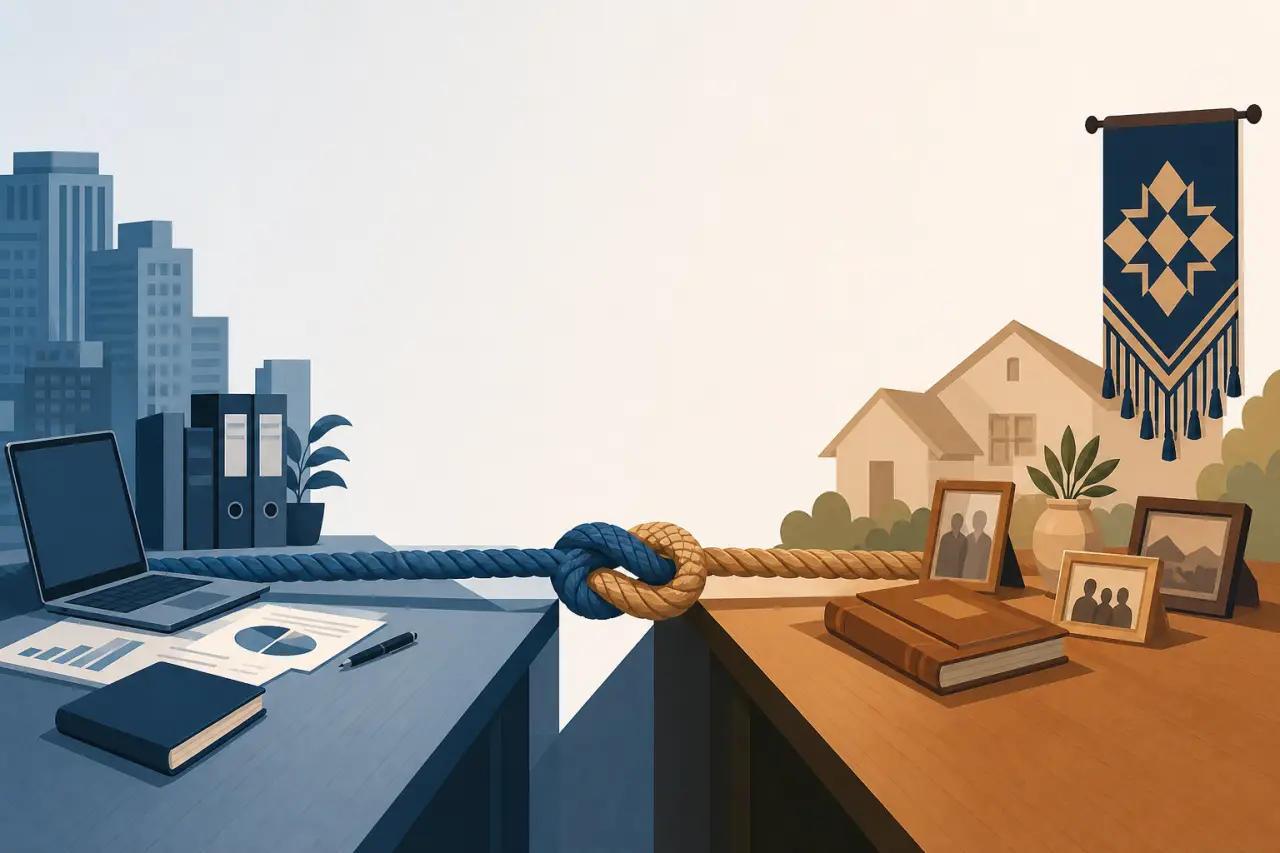 Illustration symbolizing family business boundaries, with a blue rope from a corporate desk knotted to a tan rope from a warm home setting with family