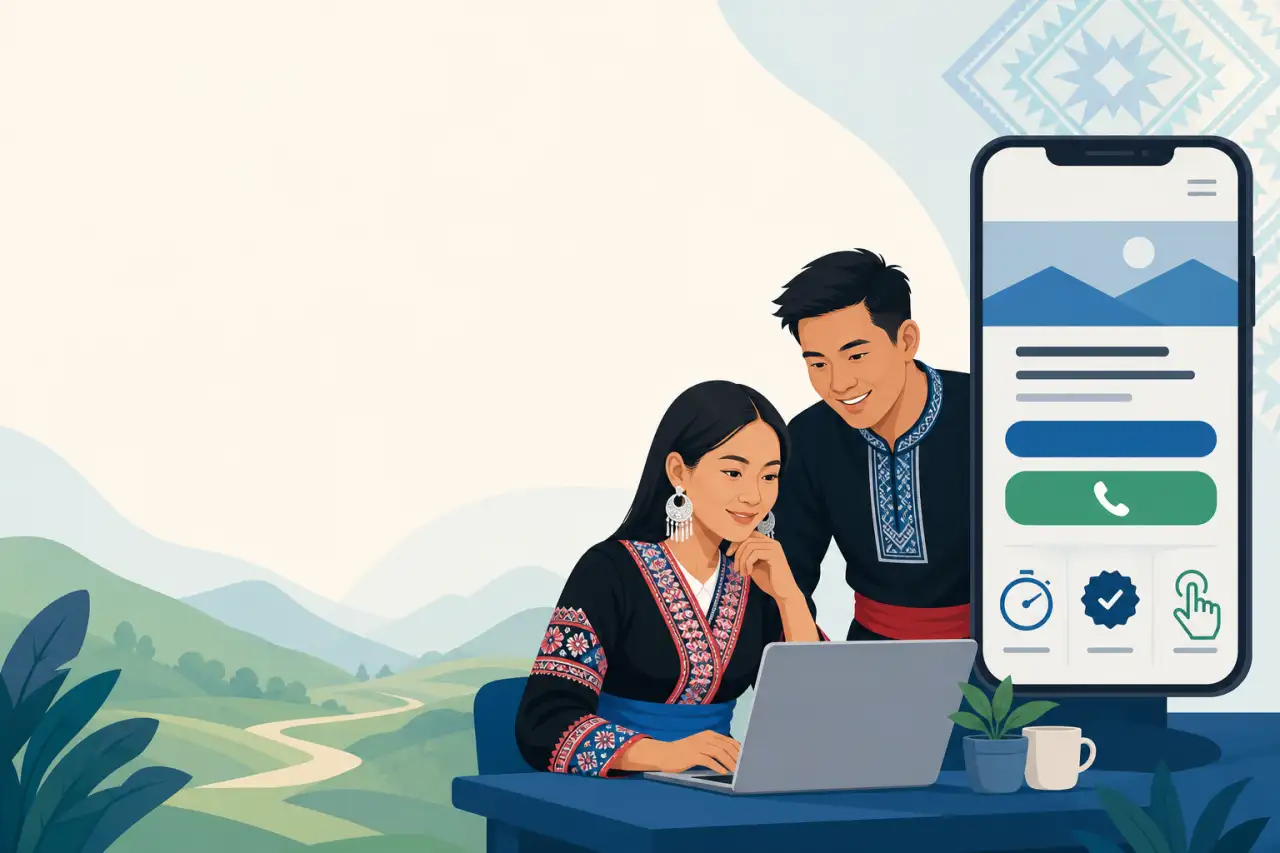 Illustration of a couple in traditional Hmong embroidered attire browsing a laptop beside a smartphone displaying call and verification icons, represe