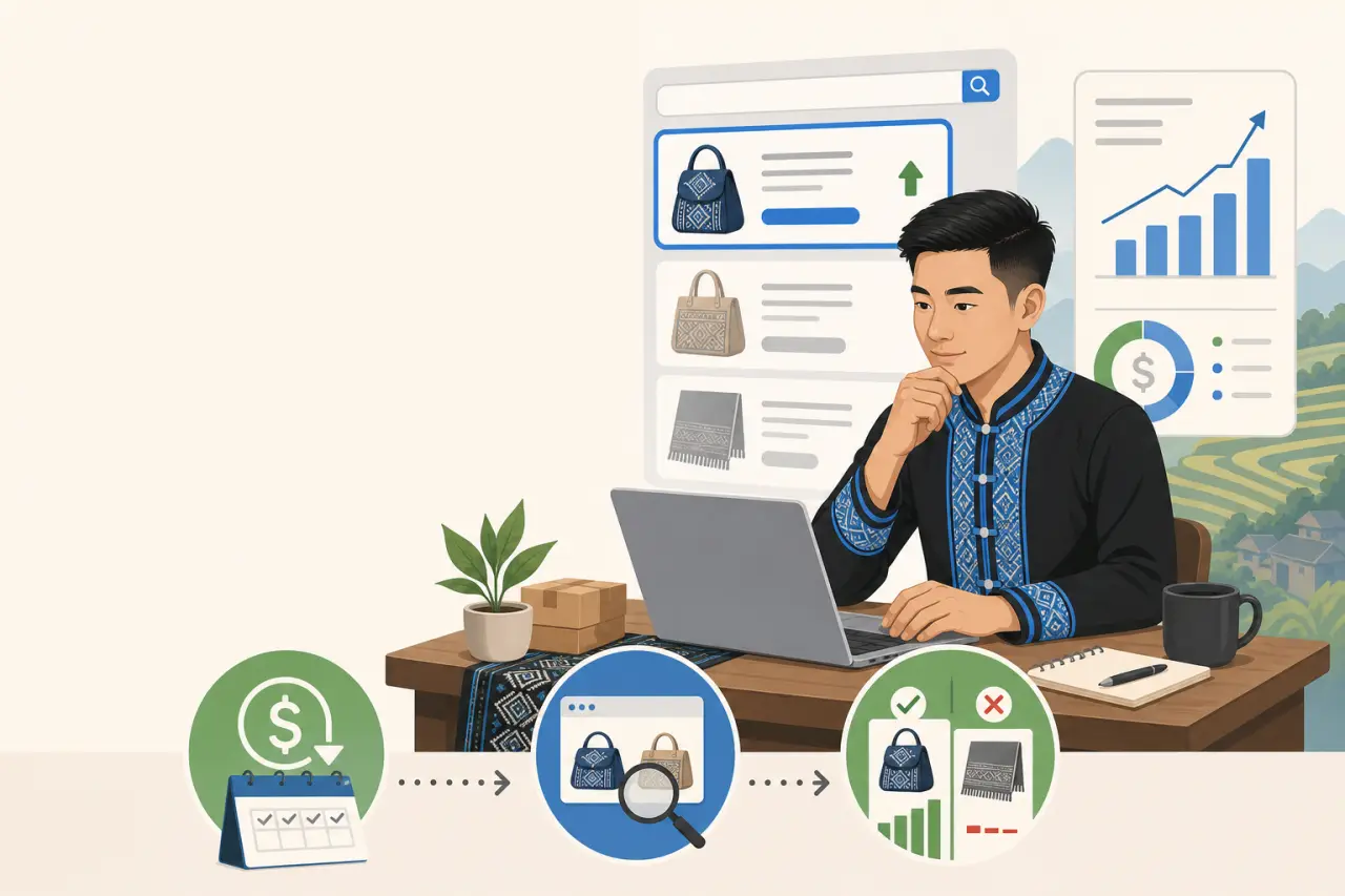 Illustration of a man in traditional embroidered attire analyzing product listings and sales charts on a laptop, representing Google Merchant Center f