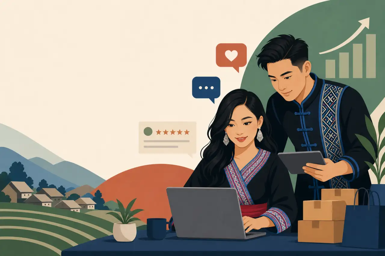 Illustration of a young man and woman in traditional embroidered attire using a laptop and tablet at a desk with shipping boxes, growth chart, and rat