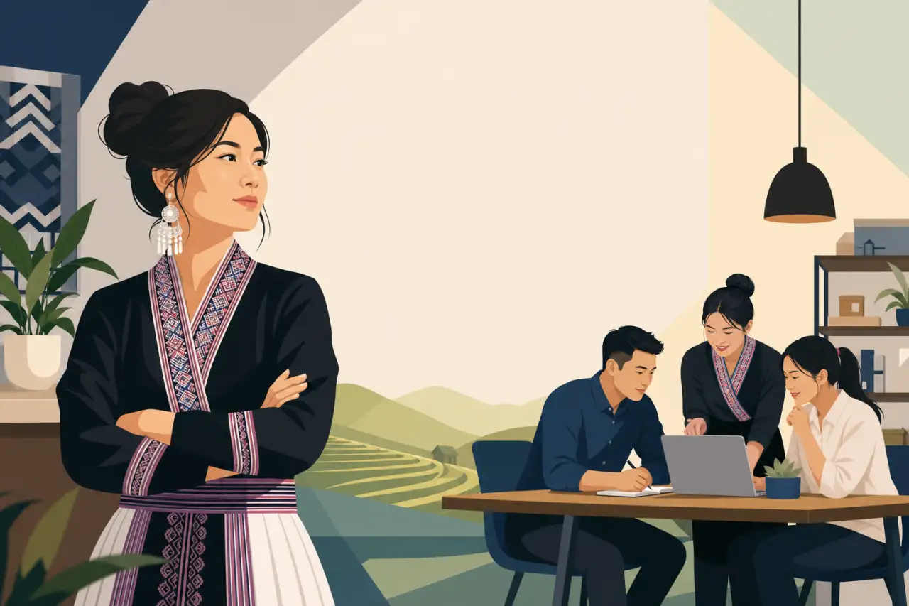 Illustration of a confident woman in traditional dress with arms crossed beside a rice terrace backdrop, while colleagues collaborate at a laptop-equi