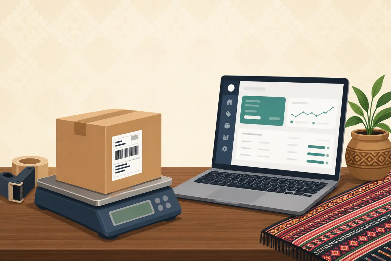 Illustrated workspace showing a labeled cardboard package on a digital scale beside a laptop displaying a dashboard with charts and data, symbolizing