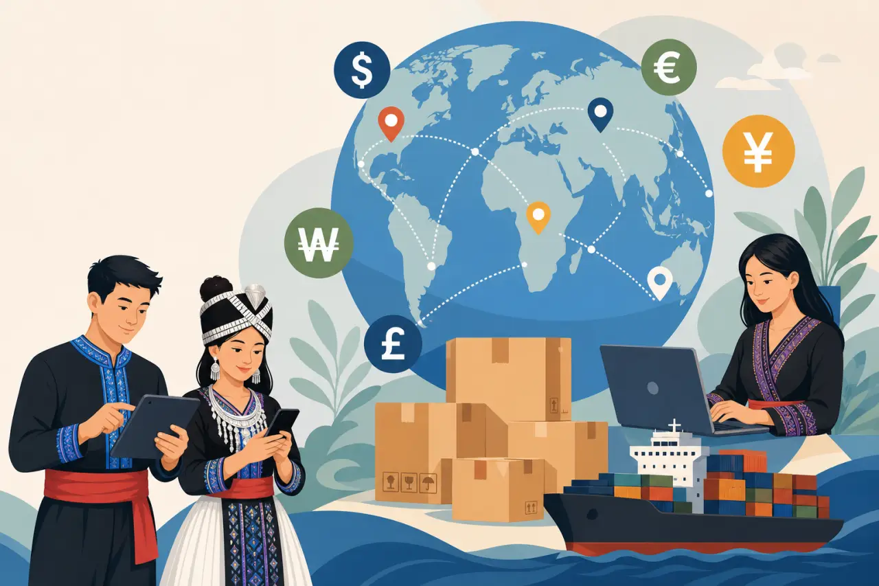 Illustration of a couple in traditional attire using a tablet and phone beside a woman on a laptop managing seller tax information, set against a glob