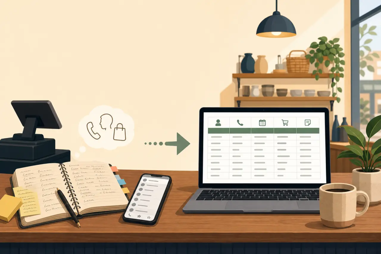 Illustration of a shop desk showing a handwritten notebook and phone transitioning via an arrow into a laptop spreadsheet, symbolizing technology tool