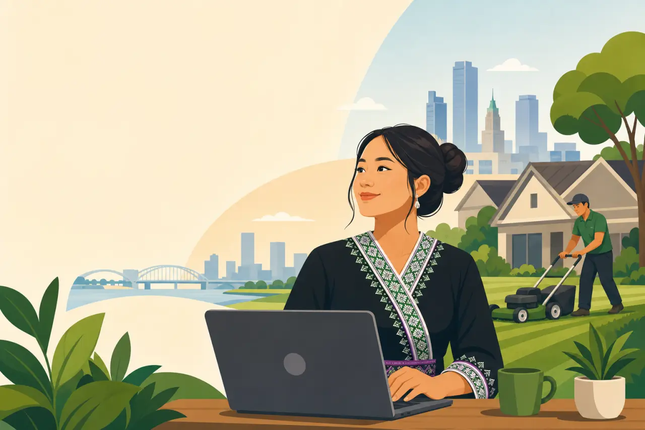 Illustration of a woman in traditional embroidered attire working on a laptop with a coffee mug beside her, while a man mows a lawn near suburban home
