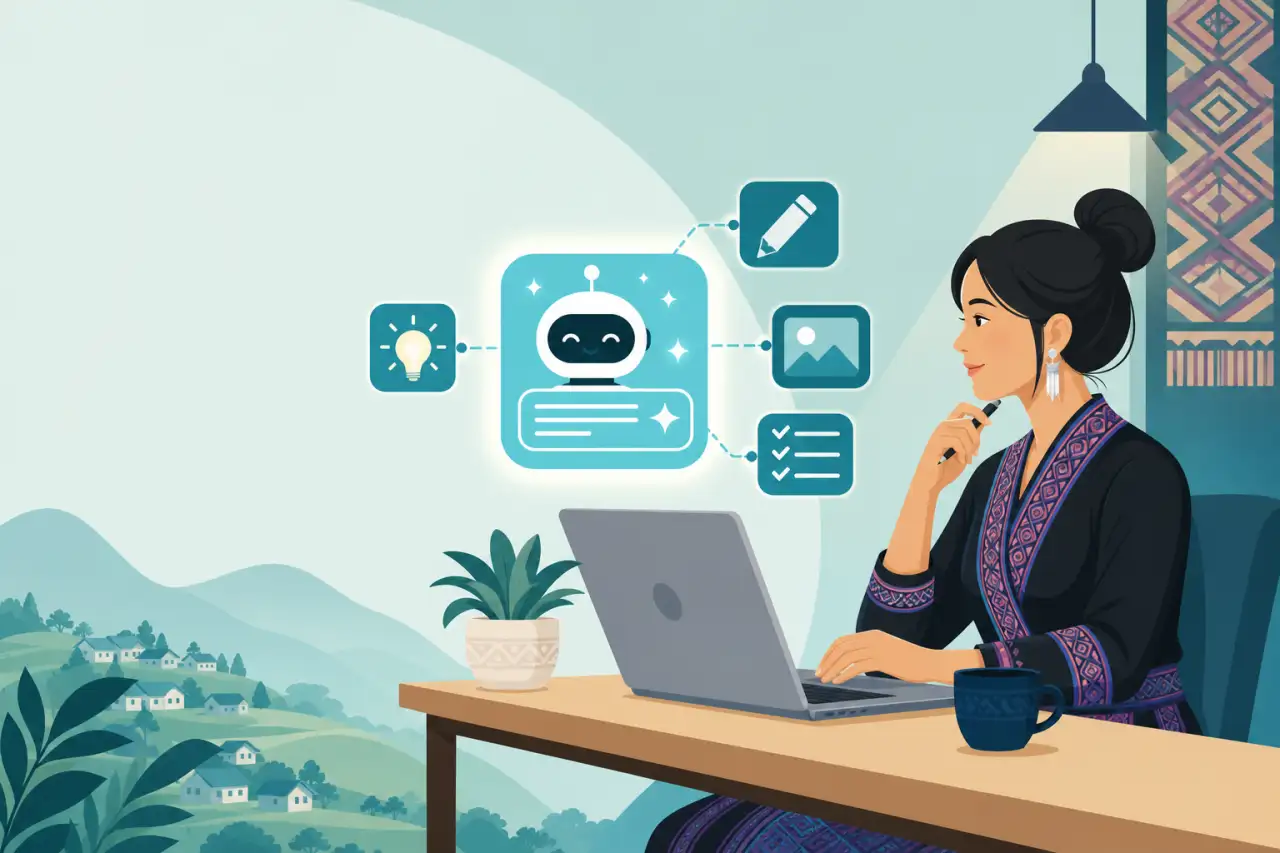 Illustration of a woman in traditional embroidered attire using a laptop connected to a friendly robot icon with idea, editing, image, and checklist s