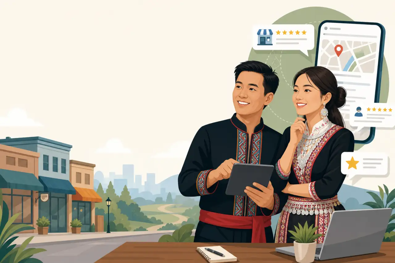 Illustration of a couple in traditional embroidered attire holding a tablet beside a laptop and map icons with star ratings, symbolizing free small bu