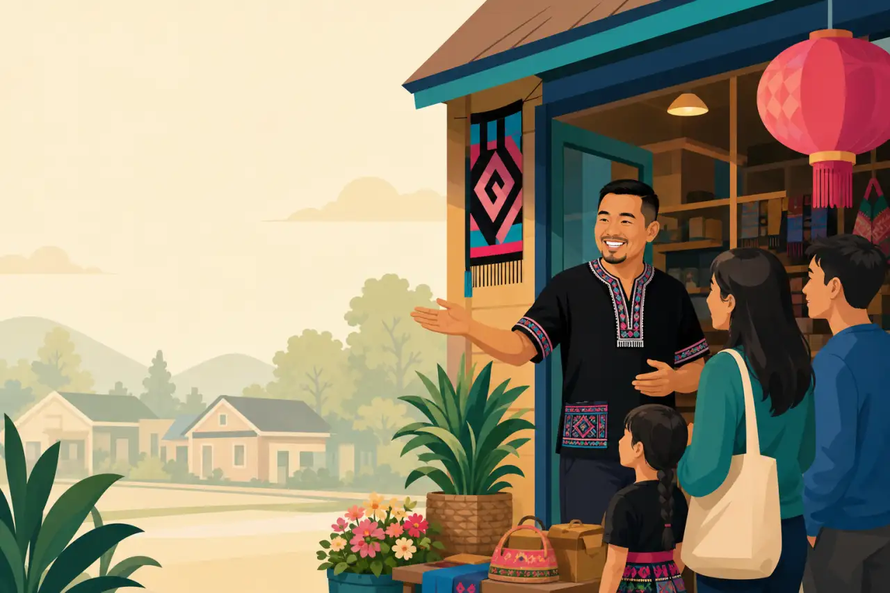 A smiling shopkeeper in traditional embroidered attire welcomes a family into his lantern-lit store, illustrating why shop local small business matter