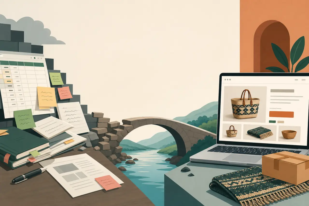 Illustration of a stone bridge connecting a cluttered desk of spreadsheets and sticky notes to a laptop displaying a woven bag online store, symbolizi