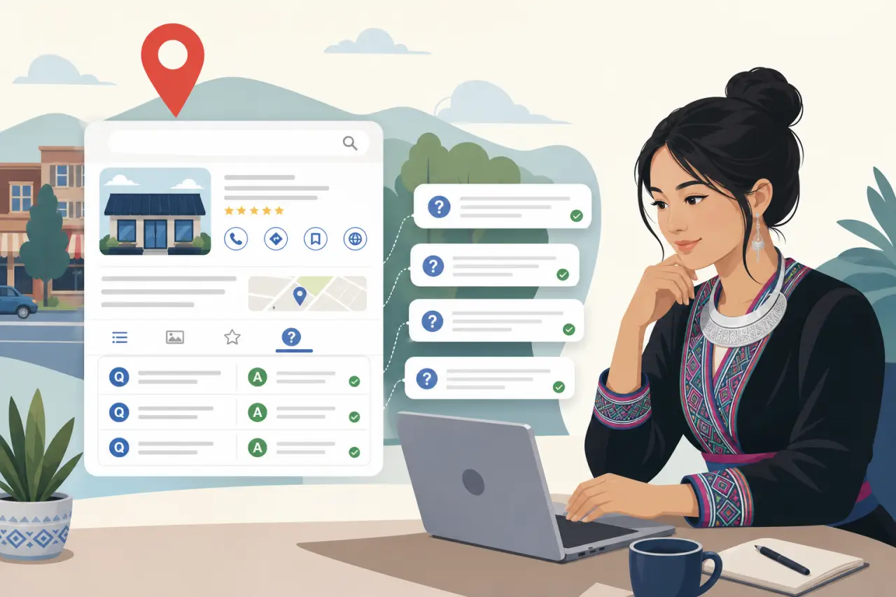Illustration of a woman in traditional attire using a laptop beside a business listing panel with reviews, map pin, and Q&A checkmarks, symbolizing un