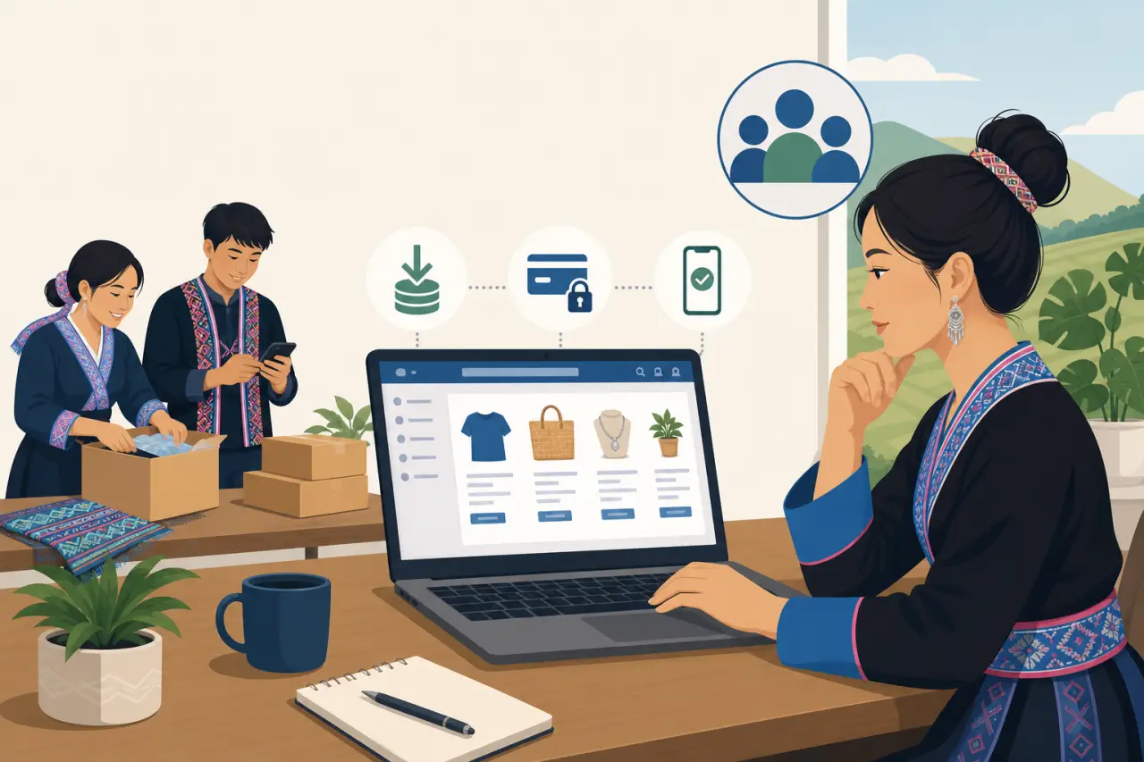 Illustration of artisans in traditional attire packing goods and browsing a laptop storefront with checkout icons, depicting ecommerce hardware and so