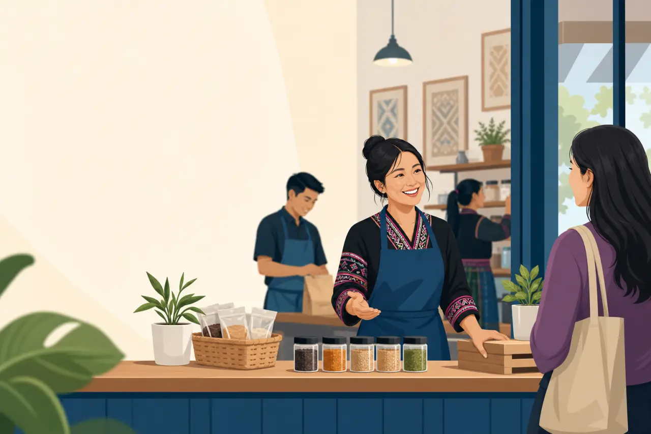 A smiling shopkeeper in traditional embroidered attire presents jars of spices to a customer, reflecting authenticity in small business through handcr