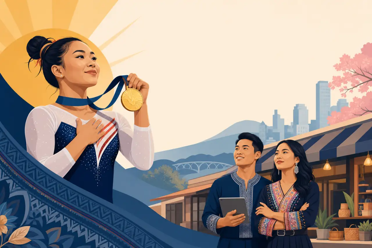Illustration honoring Suni Lee Hmong American heritage, showing a gymnast holding a gold medal to her chest beside a smiling couple in traditional emb
