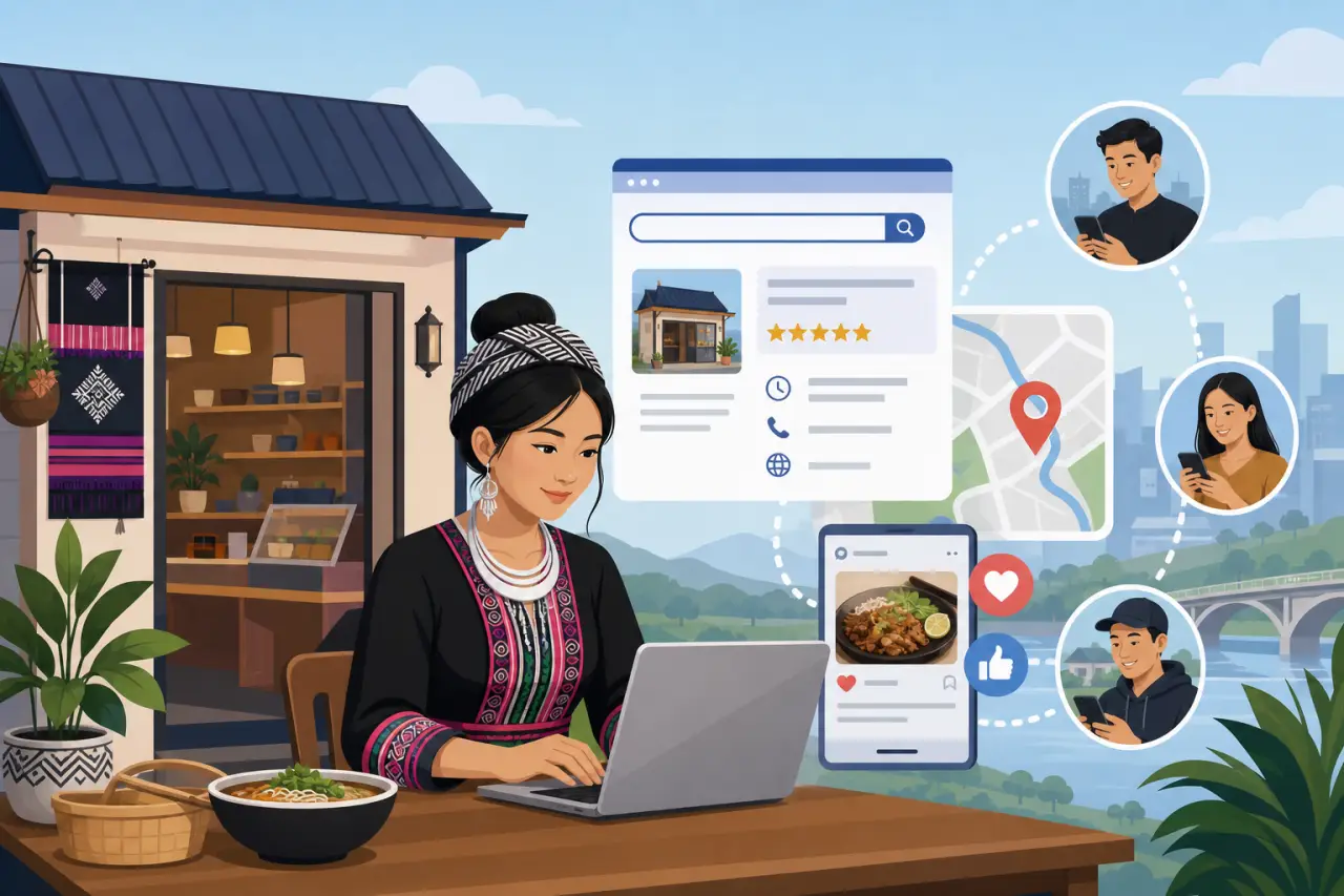 Illustration of a woman in traditional Hmong attire using a laptop outside her shop, surrounded by search results, star ratings, a map, and social med