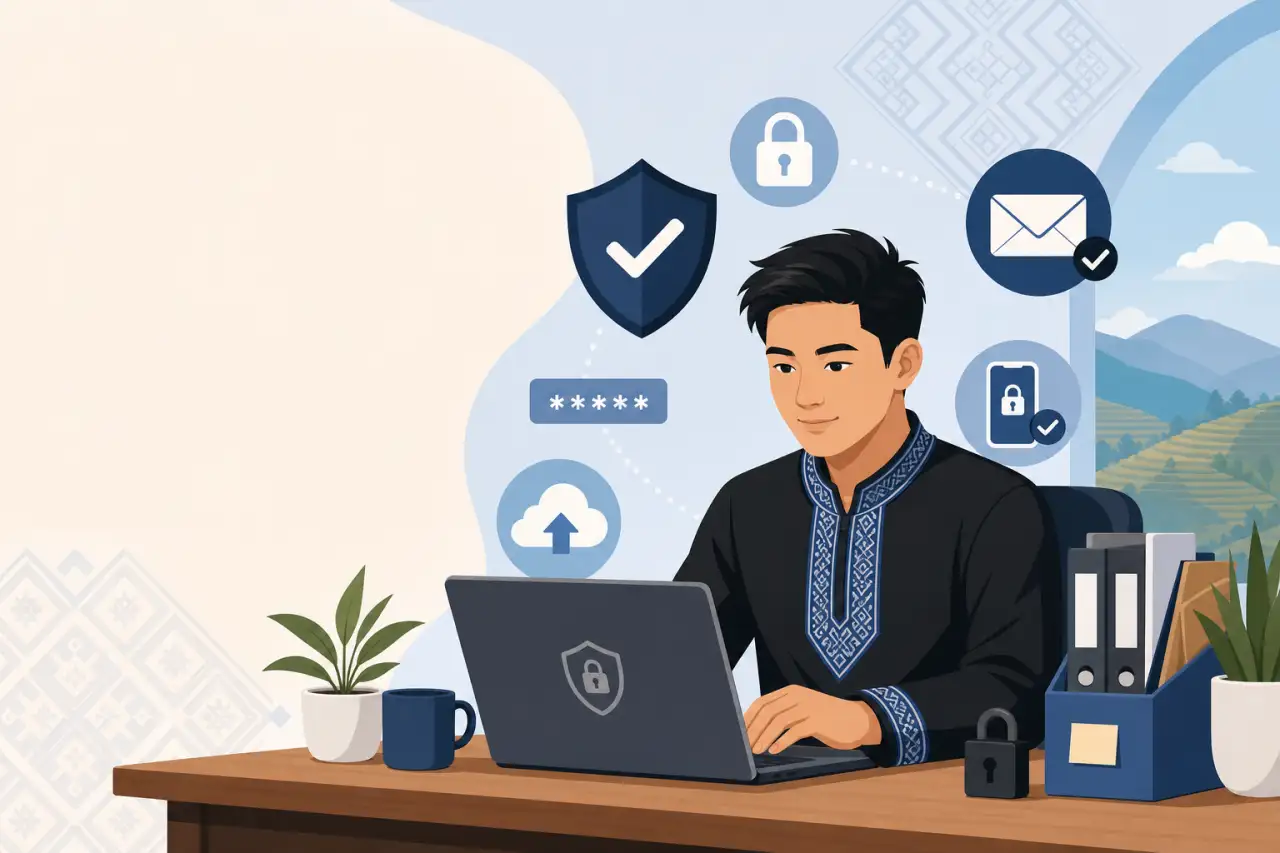 Illustrated man in traditional embroidered attire works on a laptop surrounded by shield, padlock, password, cloud, email and phone security icons, re
