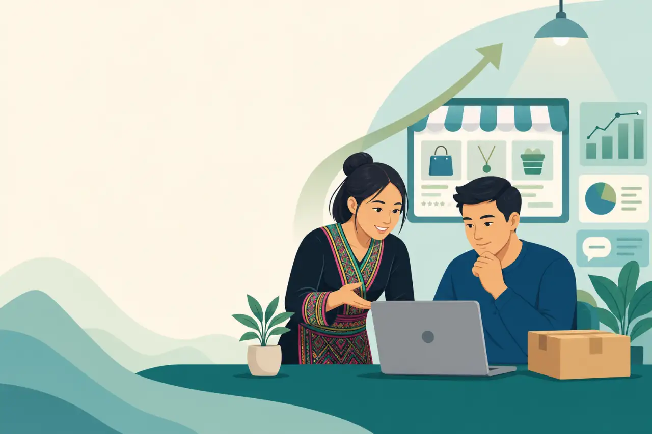 Illustration of a woman in traditional attire and a man reviewing a laptop together at a desk with a shipping box, storefront graphic, and growth char
