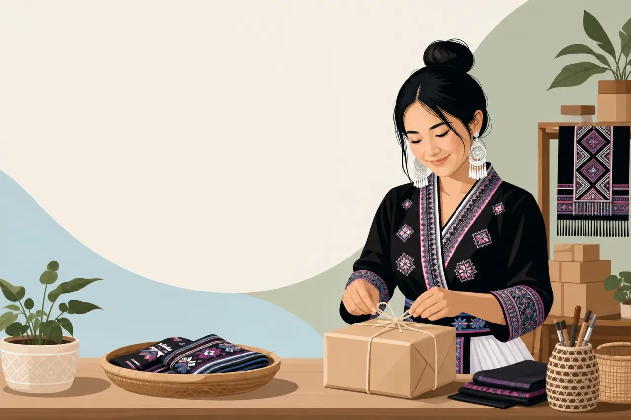 Illustration of a woman in traditional embroidered attire tying twine on a kraft paper package beside folded textiles and woven baskets, styled for a