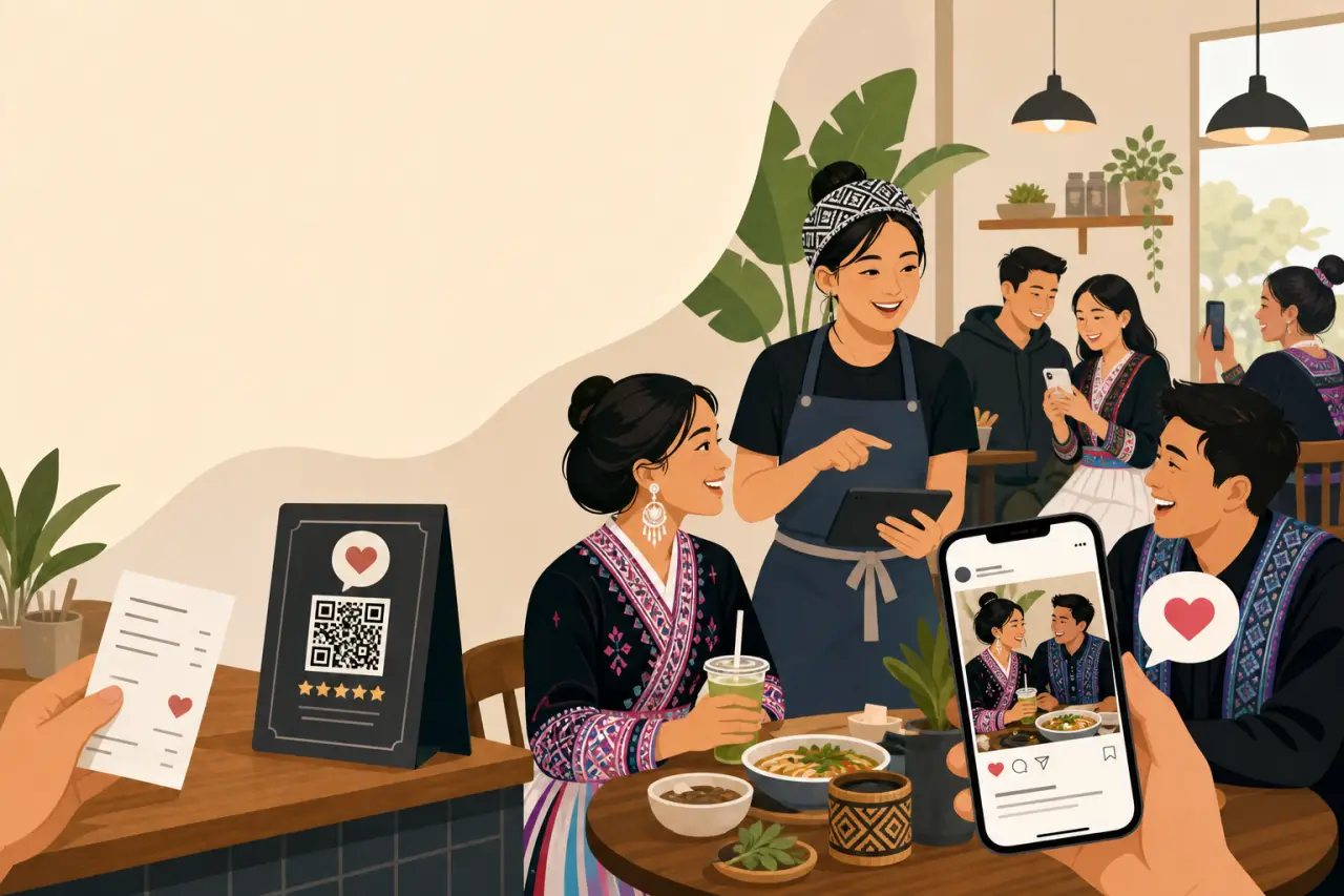 Illustrated cafe scene showing diners in traditional patterned attire enjoying food while a waiter takes an order and a customer photographs the meal
