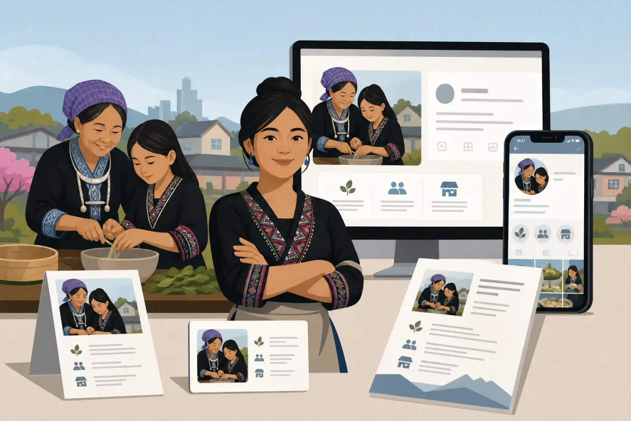 Illustration of a woman in traditional embroidered attire standing confidently before a computer, tablet, and printed materials showing family cooking