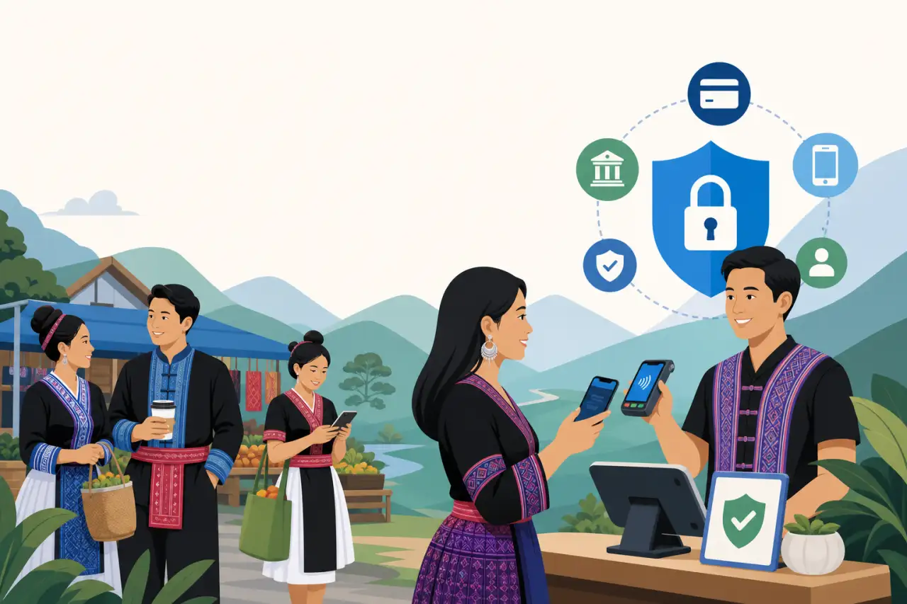 Illustration of people in traditional Hmong attire at a mountain village market, with a woman tapping her phone on a card reader beside icons represen