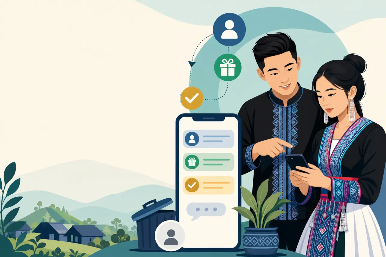 Illustration of a couple in traditional attire viewing a smartphone with profile, gift, and checkmark message icons, symbolizing Texas SB 140 SMS comp