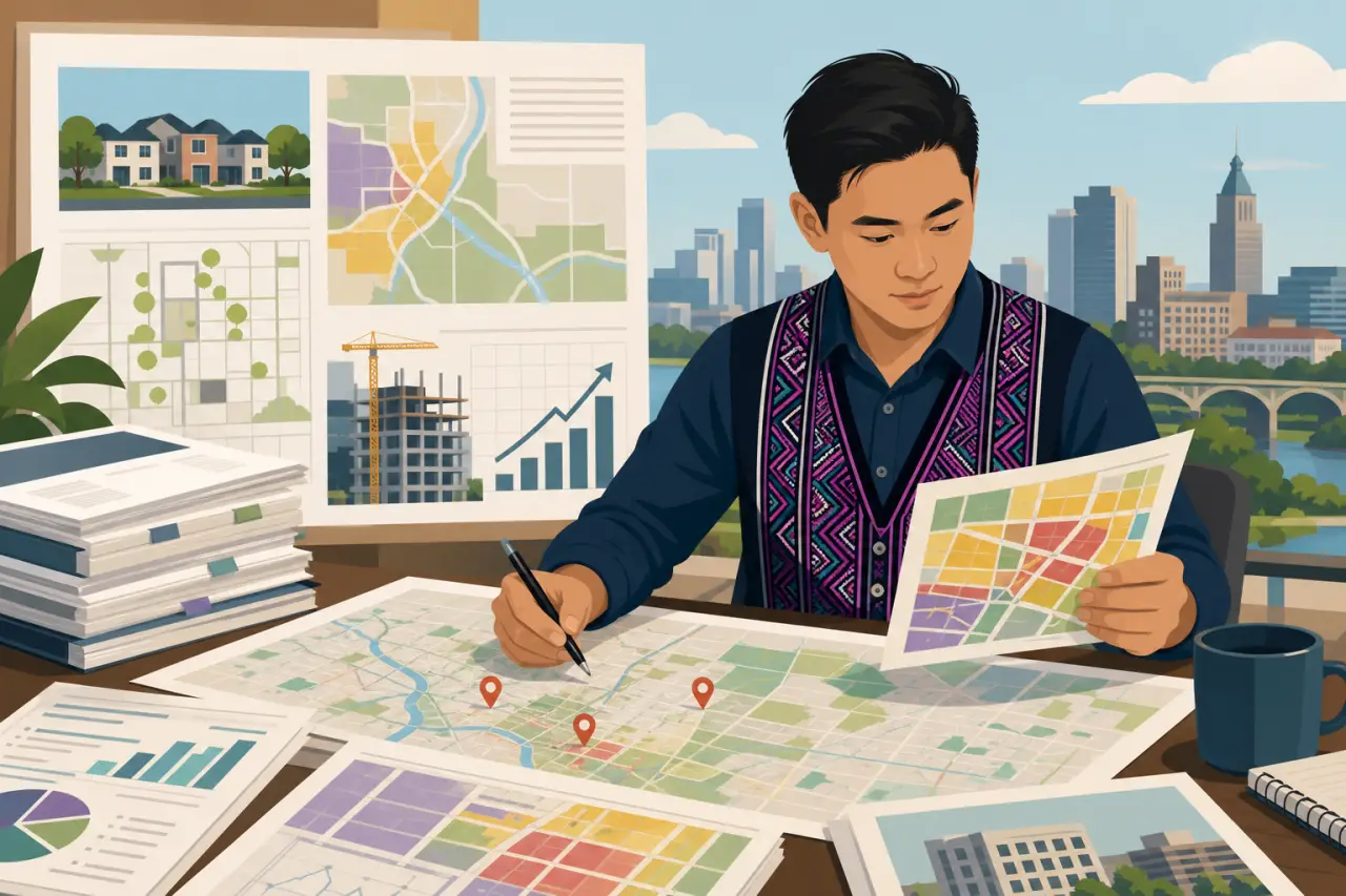 An urban planner marks location pins on a zoning map while reviewing charts and city photos, illustrating research into business opportunities Tulsa O