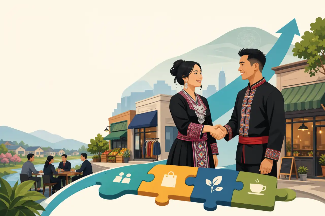 Illustration of a man and woman in traditional embroidered attire shaking hands over connected puzzle pieces symbolizing small business partnerships,