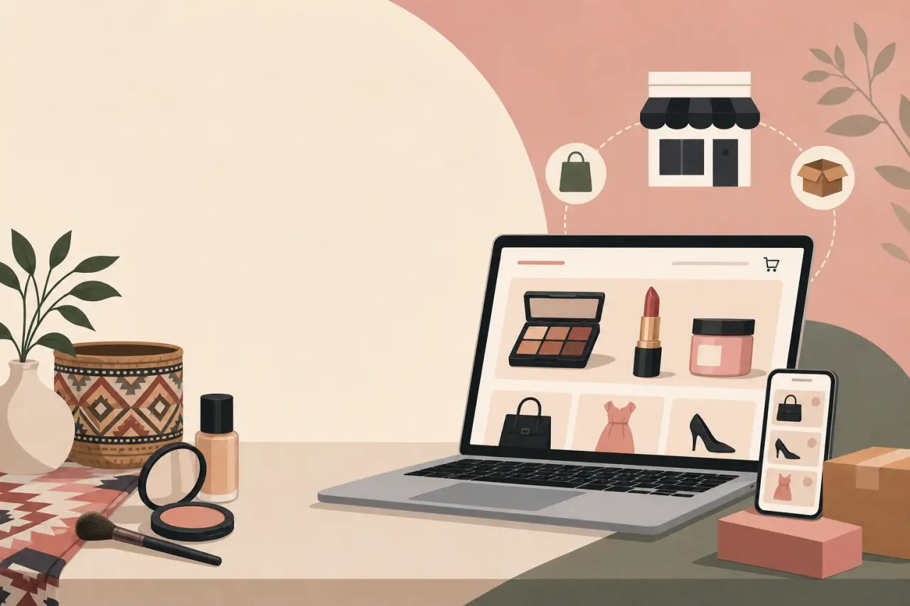 Illustrated flat-lay of a laptop and phone displaying beauty and fashion products beside cosmetics and a woven basket, symbolizing Hmong ecommerce bra