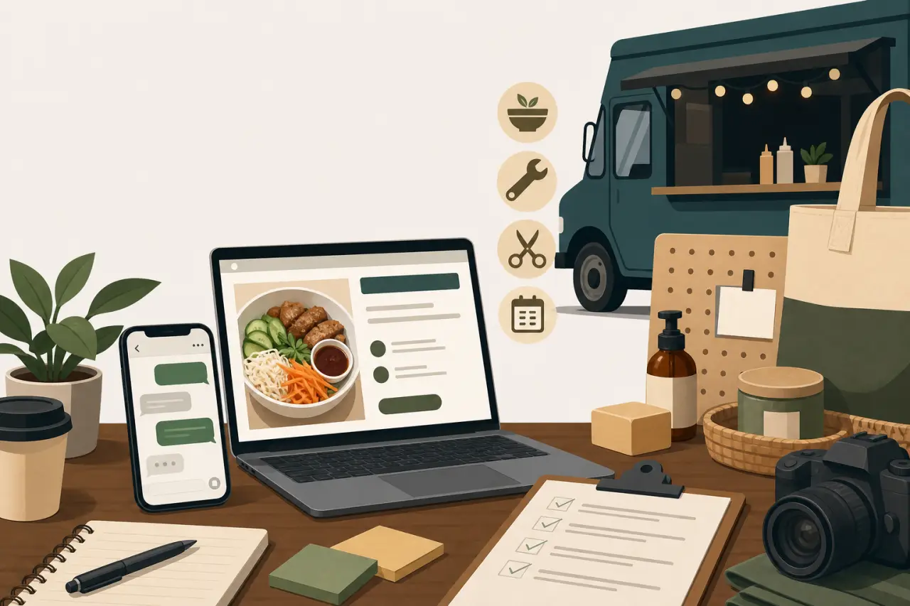 Illustrated workspace with a laptop showing a food menu, smartphone messages, checklist, camera, and a food truck, representing AI tools for small bus