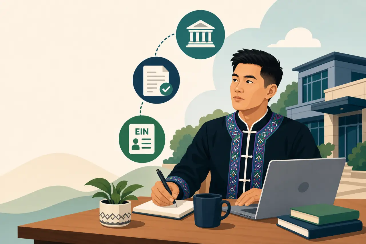 Illustration of a young man in traditional embroidered attire writing notes beside a laptop, coffee mug, and plant, with icons representing a bank, ve