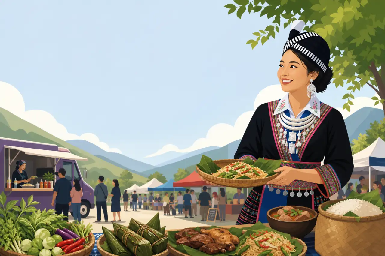 A woman in traditional Hmong attire presents a banana-leaf tray of papaya salad at an outdoor market stocked with fresh produce, sticky rice, and gril