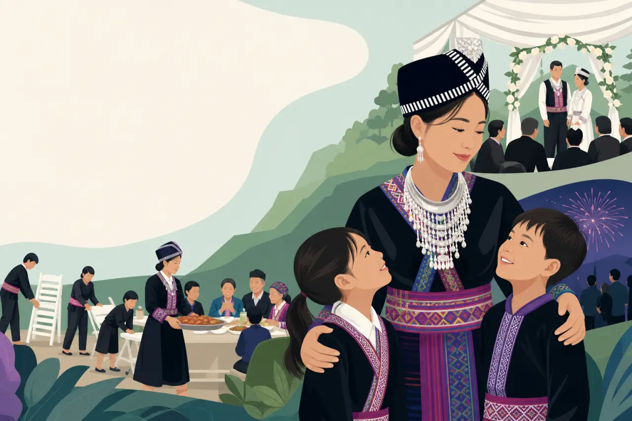 Illustrated scene of a Hmong woman in traditional dress embracing two children while family members set tables and a couple stands beneath a floral ar