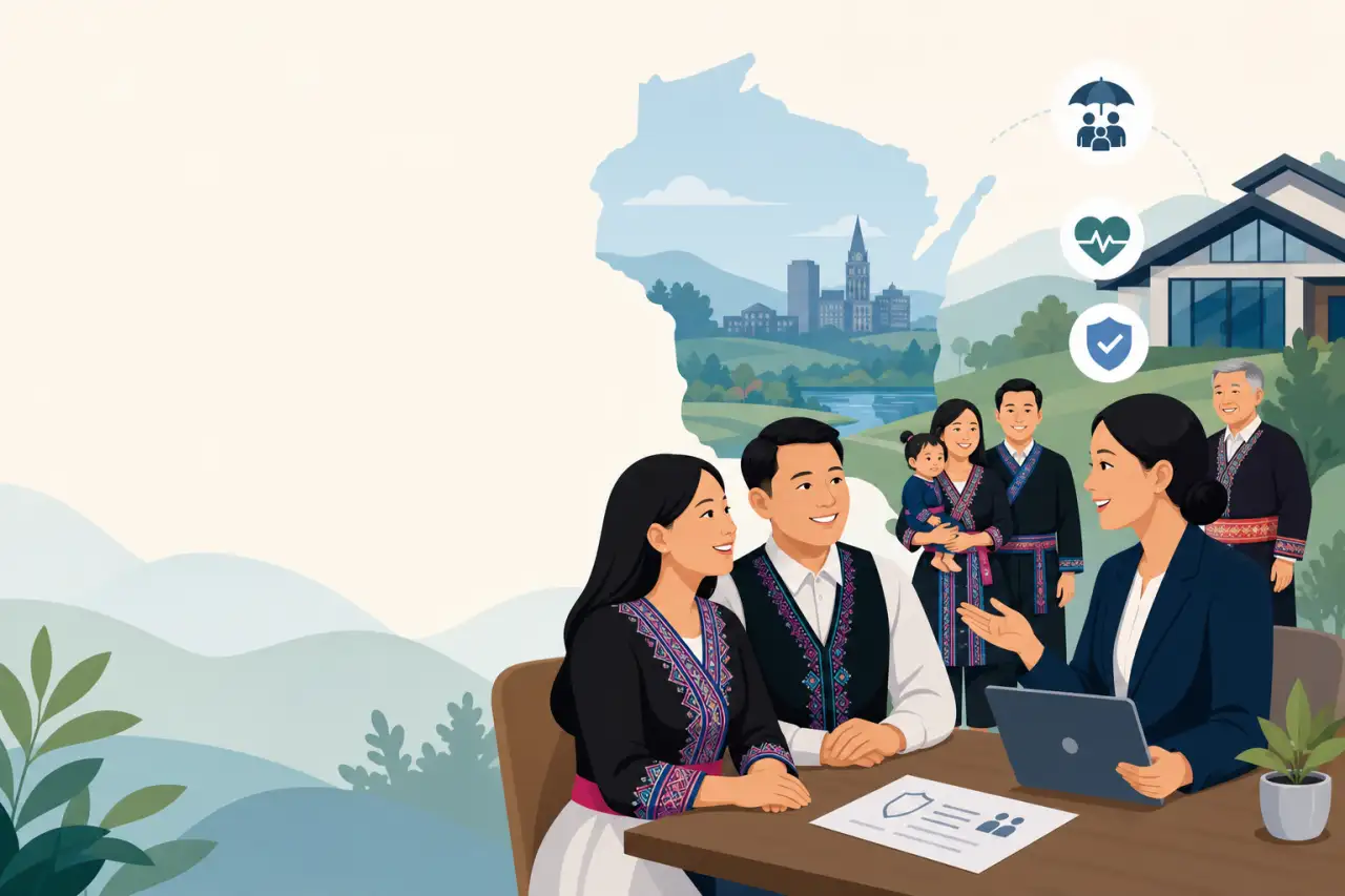 Illustration of a Hmong family in traditional attire consulting an advisor with a laptop and insurance icons, set against a Wisconsin-shaped map backd