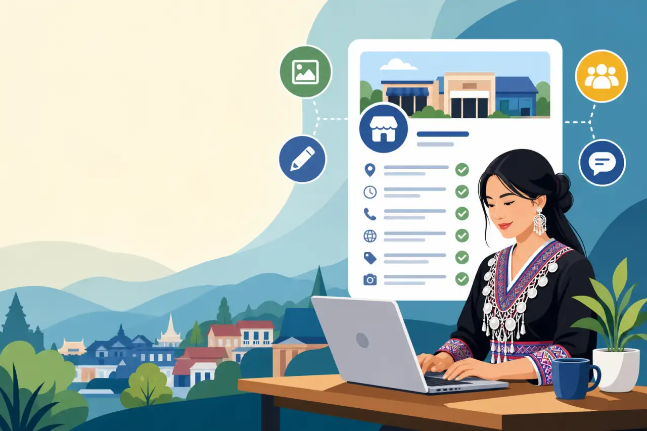 Illustration of a woman in traditional Hmong attire updating a storefront profile on a laptop, with checklist icons, photos, and social symbols repres