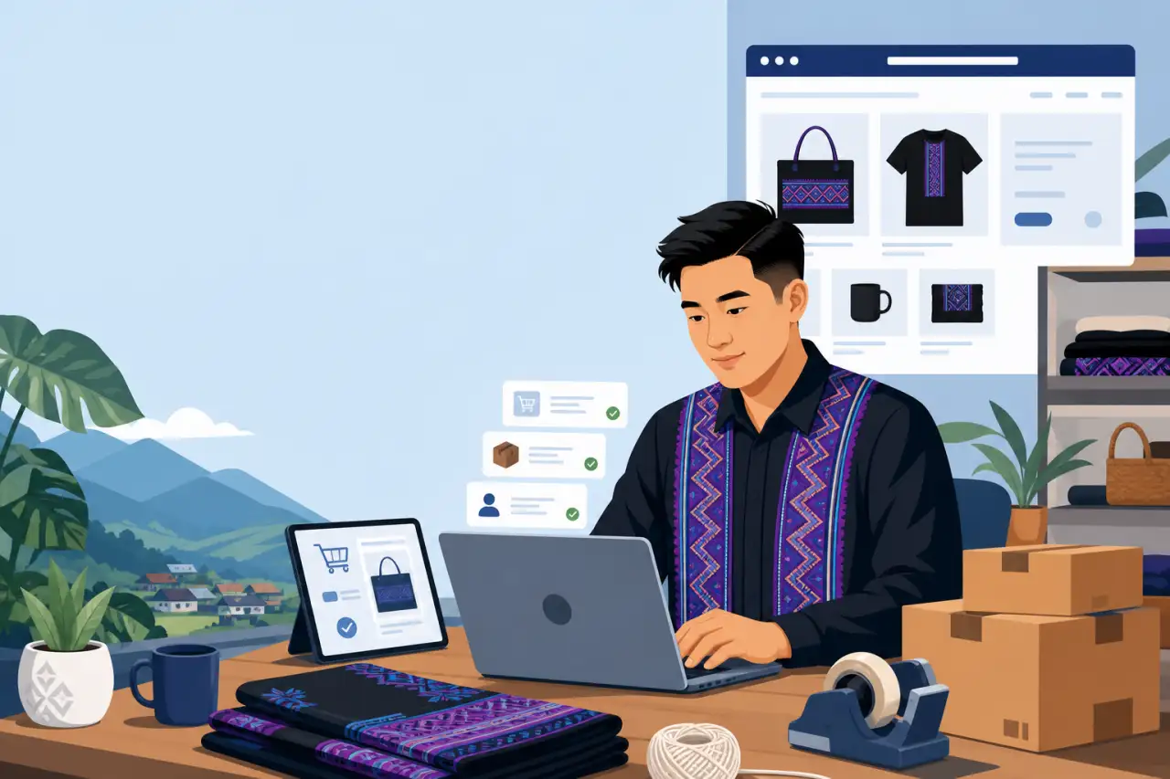 Illustration of a man in traditional embroidered attire managing an online shop order on a laptop, surrounded by packing boxes, tape, and product mock
