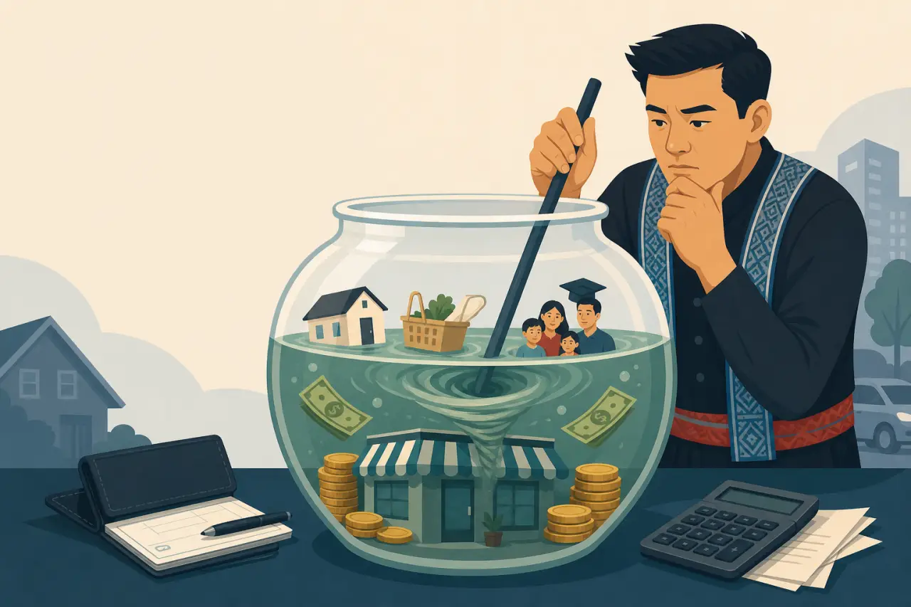 A thoughtful man stirs a swirling fishbowl containing a house, family figures, cash, coins and a small shop, symbolizing why small businesses fail ami