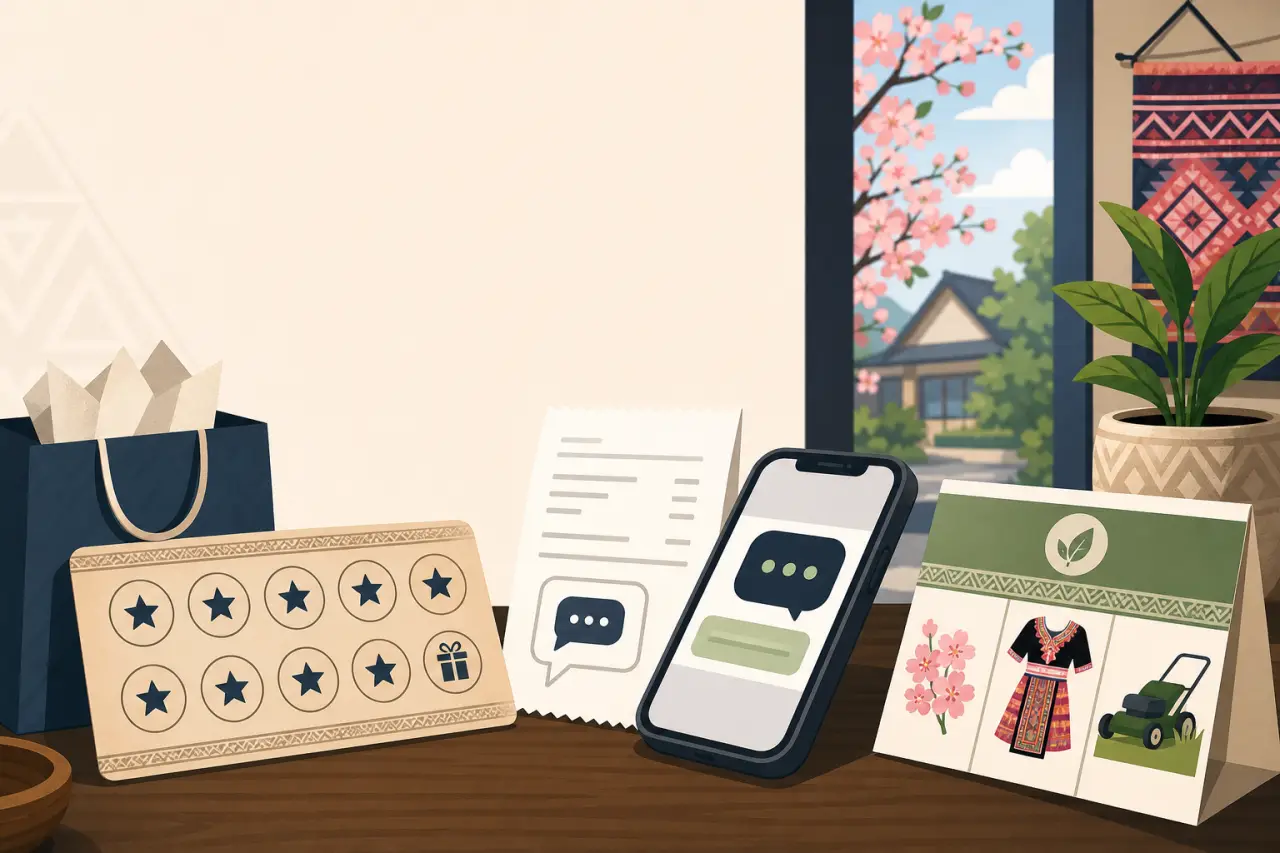 Illustrated tabletop scene with a loyalty star card, receipt, smartphone showing chat bubbles, gift bag, and a folded brochure featuring floral and cu
